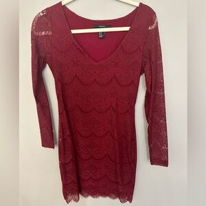 Burgundy long sleeve dress with lots of detail